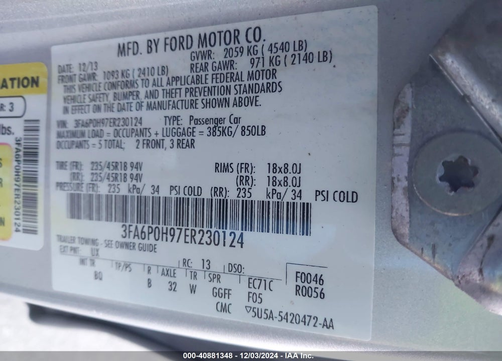 2014 FORD FUSION SE VIN: 3FA6P0H97ER230124