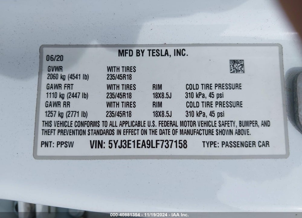 2020 TESLA MODEL 3 STANDARD RANGE PLUS REAR-WHEEL DRIVE/STANDARD RANGE REAR-WHEEL DRIVE VIN: 5YJ3E1EA9LF737158
