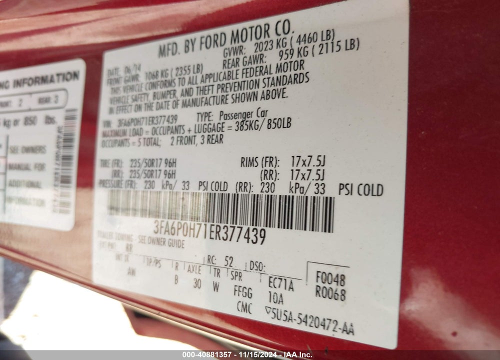 2014 FORD FUSION SE VIN: 3FA6P0H71ER377439