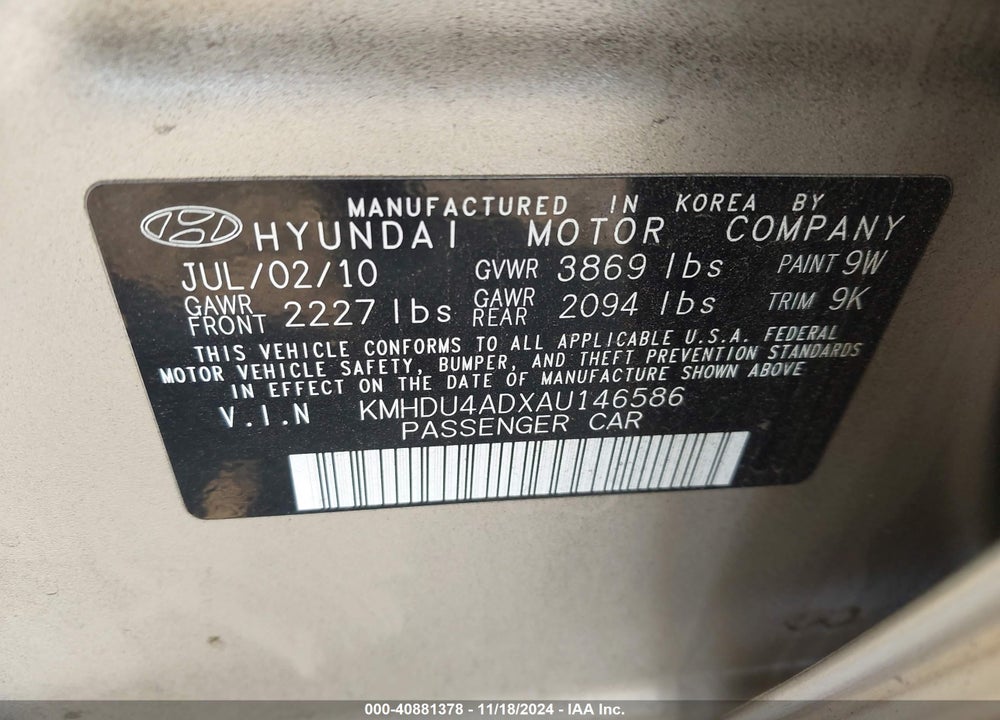 2010 HYUNDAI ELANTRA GLS VIN: KMHDU4ADXAU146586