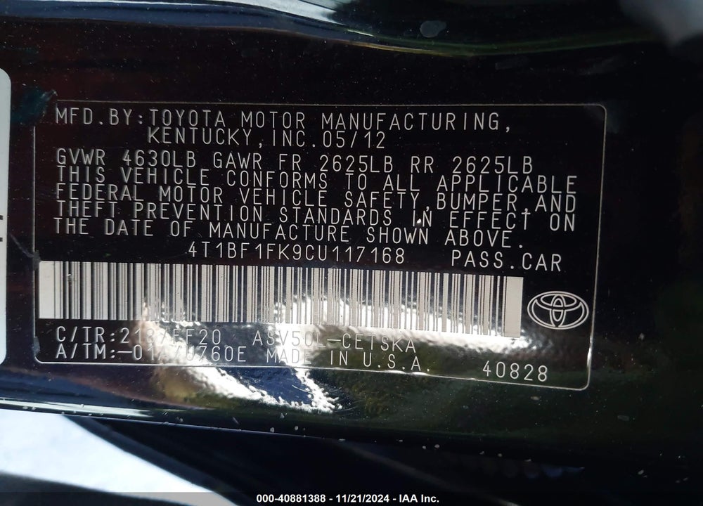 2012 TOYOTA CAMRY SE VIN: 4T1BF1FK9CU117168