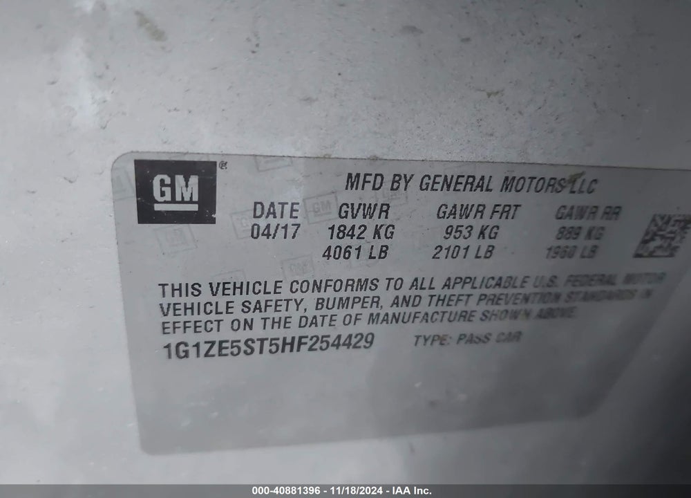 2017 CHEVROLET MALIBU VIN: 1G1ZE5ST5HF254429
