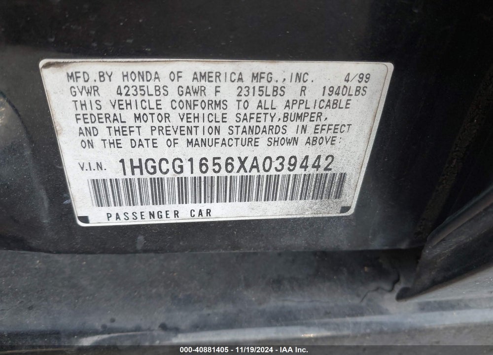 1999 HONDA ACCORD EX V6 VIN: 1HGCG1656XA039442