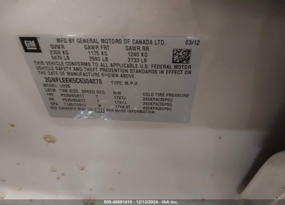 2012 CHEVROLET EQUINOX 1LT VIN: 2GNFLEEK5C6304078