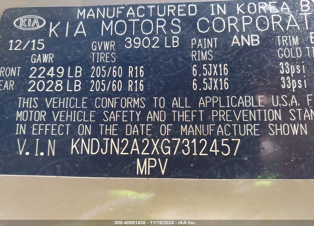 2016 KIA SOUL VIN: KNDJN2A2XG7312457