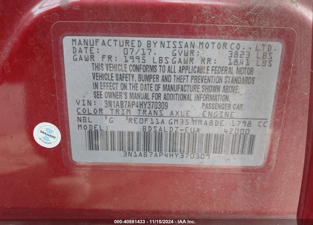 2017 NISSAN SENTRA VIN: 3N1AB7AP4HY370309