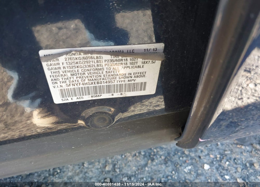 2014 HONDA PILOT EX-L VIN: 5FNYF4H5XEB014957