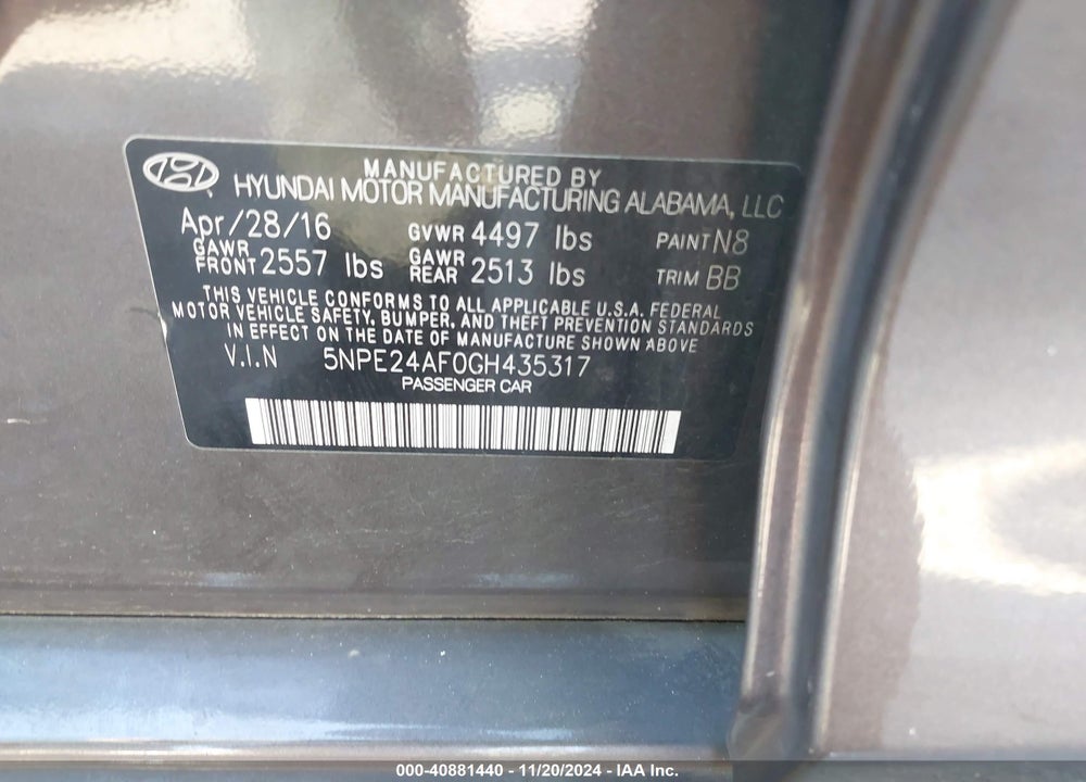 2016 HYUNDAI SONATA VIN: 5NPE24AF0GH435317