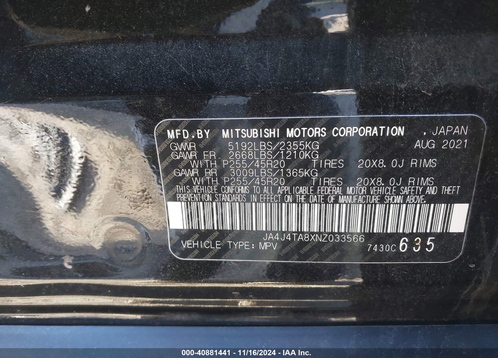 2022 MITSUBISHI OUTLANDER ES 2.5 VIN: JA4J4TA8XNZ033566