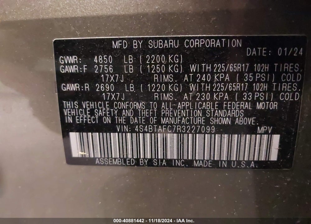 2024 SUBARU OUTBACK PREMIUM VIN: 4S4BTAFC7R3227099
