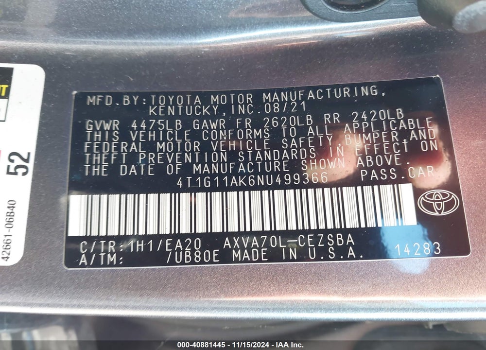 2022 TOYOTA CAMRY SE VIN: 4T1G11AK6NU499366