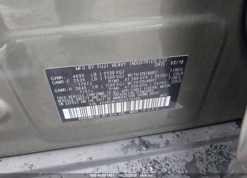 2016 SUBARU OUTBACK 2.5I PREMIUM VIN: 4S4BSAFCXG3318268