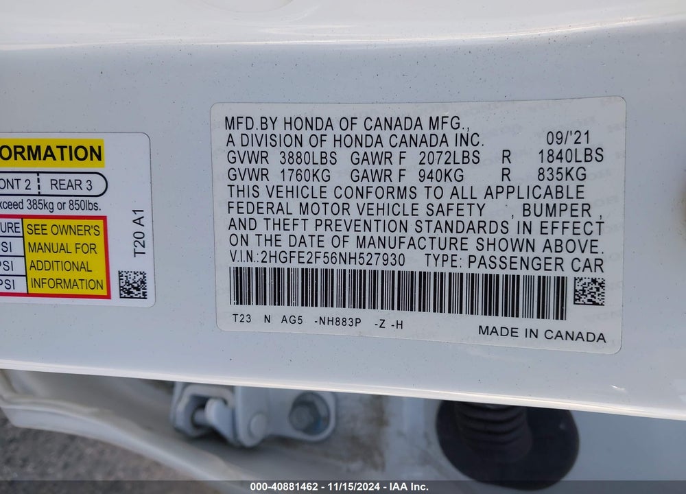 2022 HONDA CIVIC SPORT VIN: 2HGFE2F56NH527930
