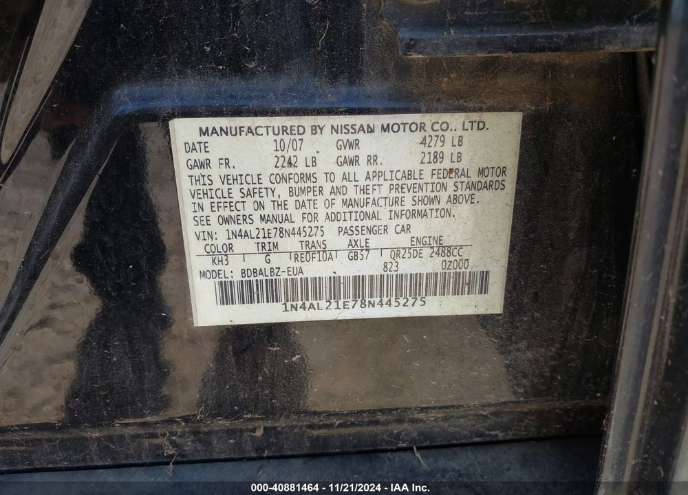 2008 NISSAN ALTIMA 2.5 S VIN: 1N4AL21E78N445275