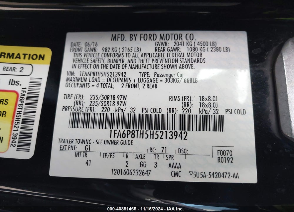 2017 FORD MUSTANG ECOBOOST VIN: 1FA6P8TH5H5213942