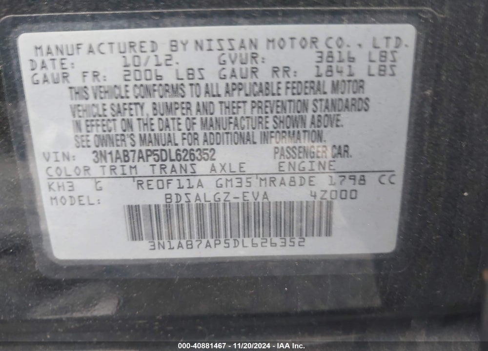 2013 NISSAN SENTRA VIN: 3N1AB7AP5DL626352