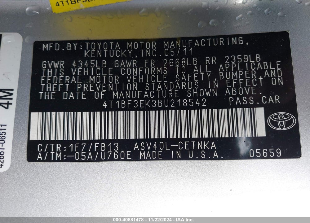 2011 TOYOTA CAMRY LE VIN: 4T1BF3EK3BU218542