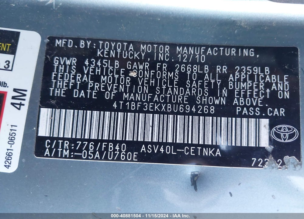 2011 TOYOTA CAMRY LE VIN: 4T1BF3EKXBU694268