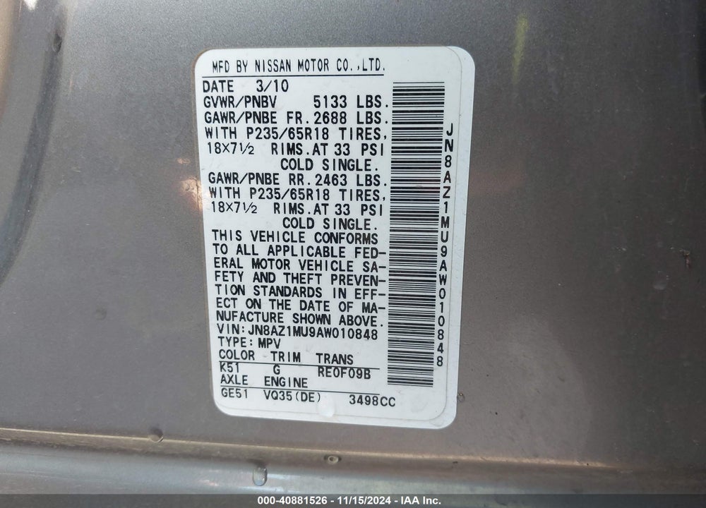 2010 NISSAN MURANO SL VIN: JN8AZ1MU9AW010848