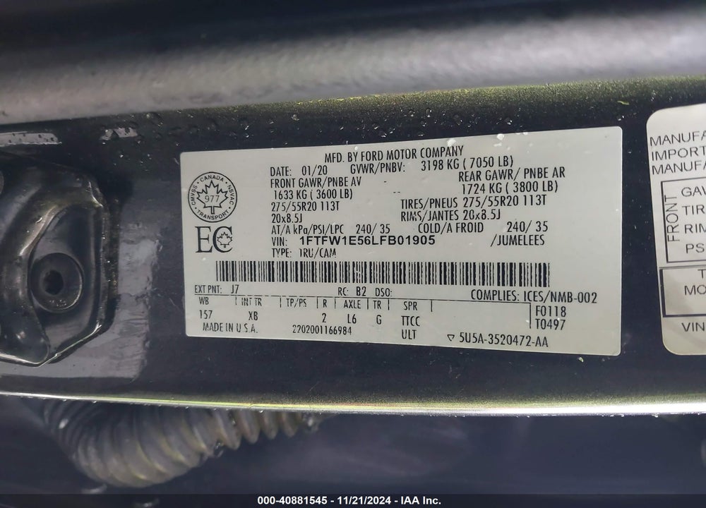 2020 FORD F-150 XLT VIN: 1FTFW1E56LFB01905