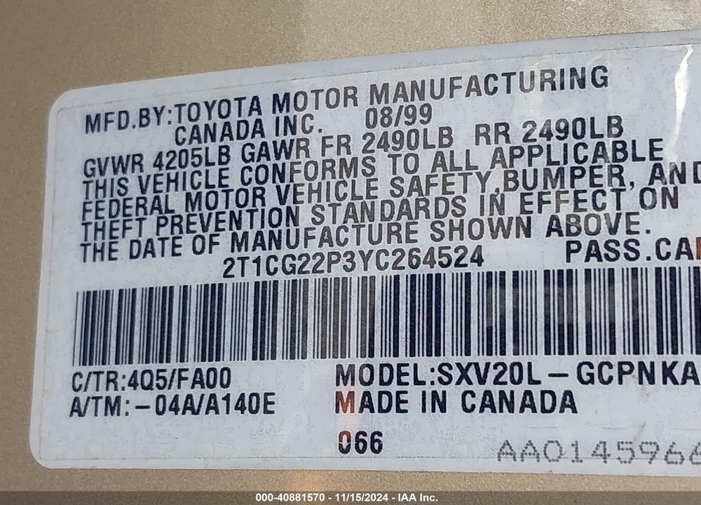 2000 TOYOTA CAMRY SOLARA SE VIN: 2T1CG22P3YC264524
