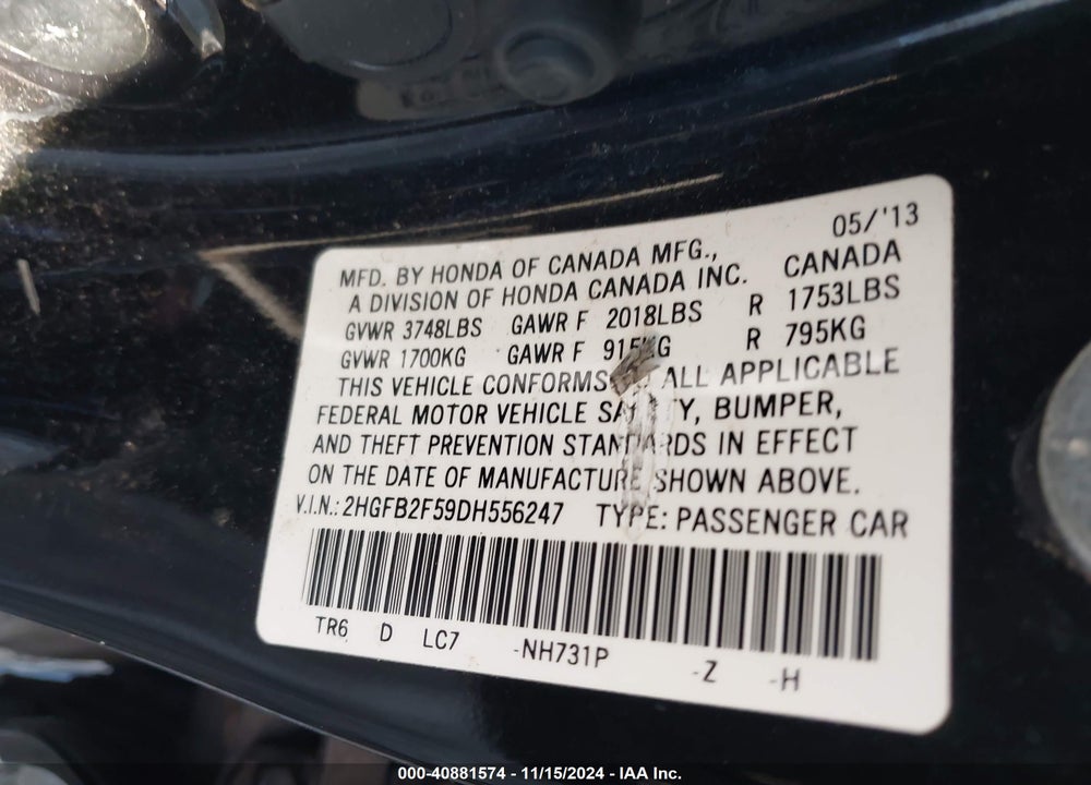 2013 HONDA CIVIC VIN: 2HGF82F59DH556247