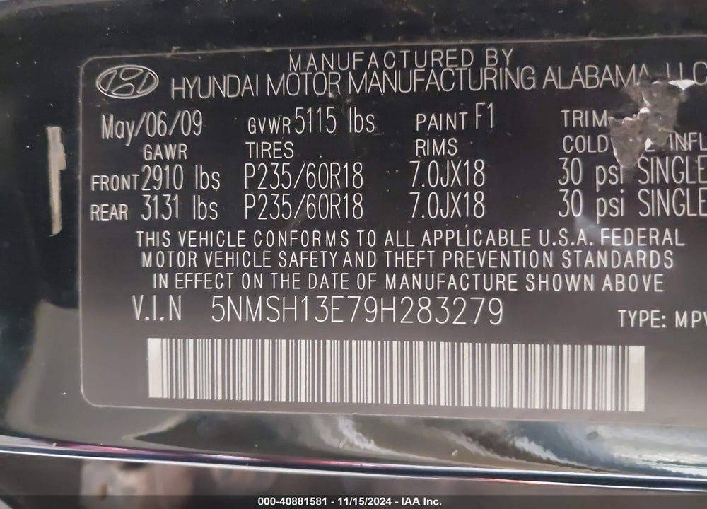 2009 HYUNDAI SANTA FE LIMITED VIN: 5NMSH13E79H283279