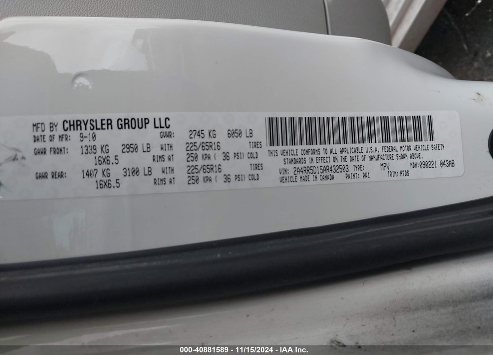 2010 CHRYSLER TOWN & COUNTRY TOURING VIN: 2A4RR5D15AR432503