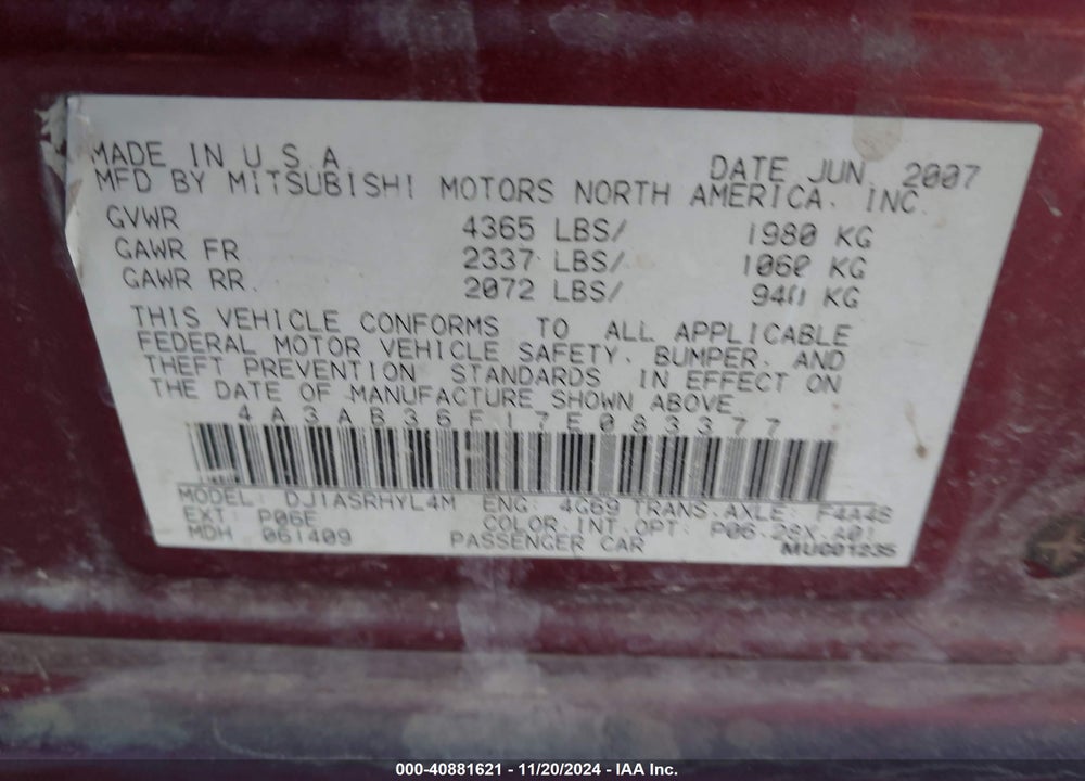 2007 MITSUBISHI GALANT ES/SE VIN: 4A3AB36F17E083377