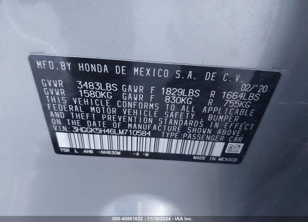 2020 HONDA FIT LX VIN: 3HGGK5H46LM710584