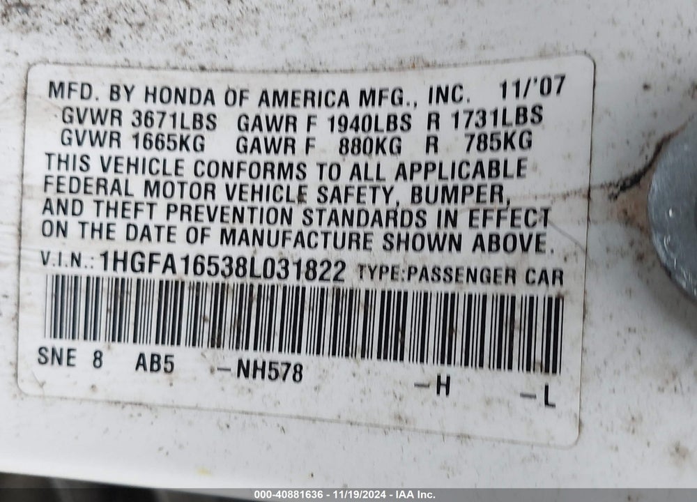 2008 HONDA CIVIC LX VIN: 1HGFA16538L031822