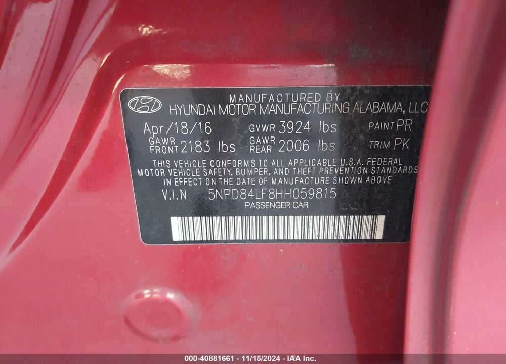 2017 HYUNDAI ELANTRA VIN: 5NPD84LF8HH059815