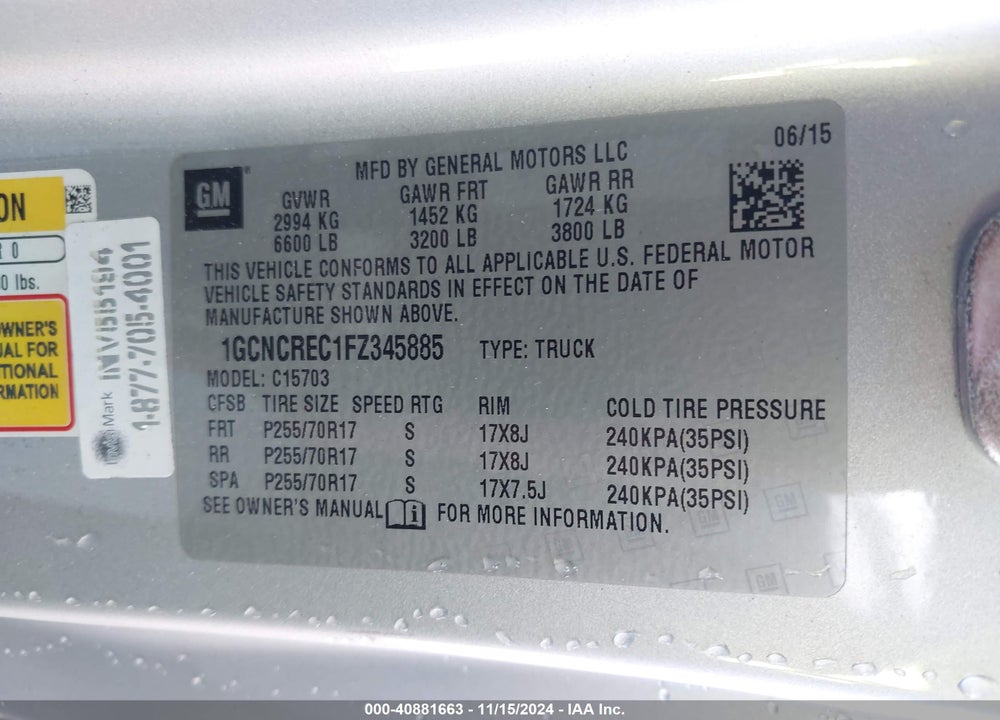 2015 CHEVROLET SILVERADO 1500 1LT VIN: 1GCNCREC1FZ345885