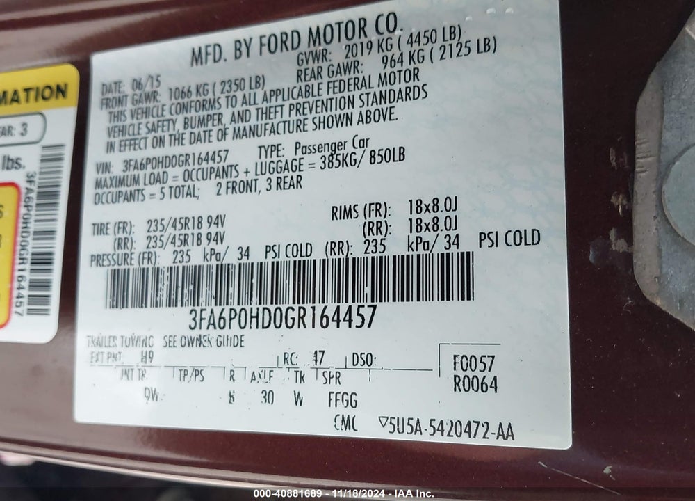 2016 FORD FUSION SE VIN: 3FA6P0HD0GR164457