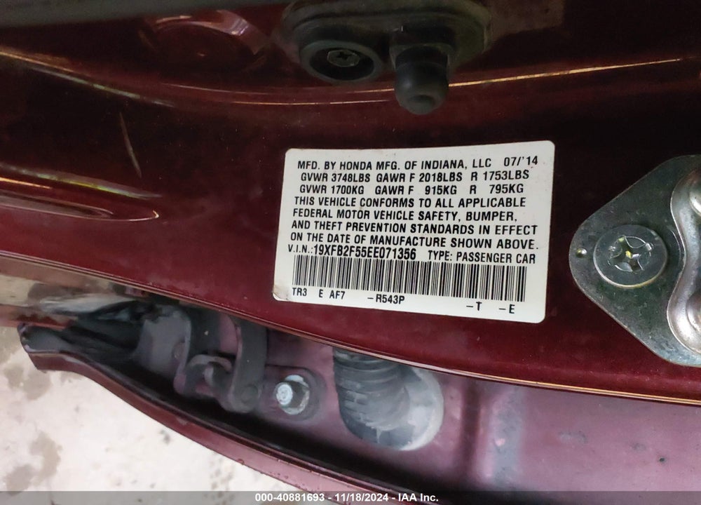 2014 HONDA CIVIC LX VIN: 19XFB2F55EE071356