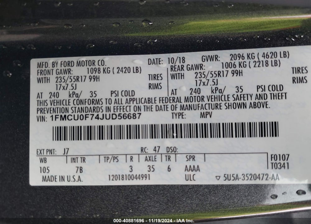 2018 FORD ESCAPE S VIN: 1FMCU0F74JUD56687