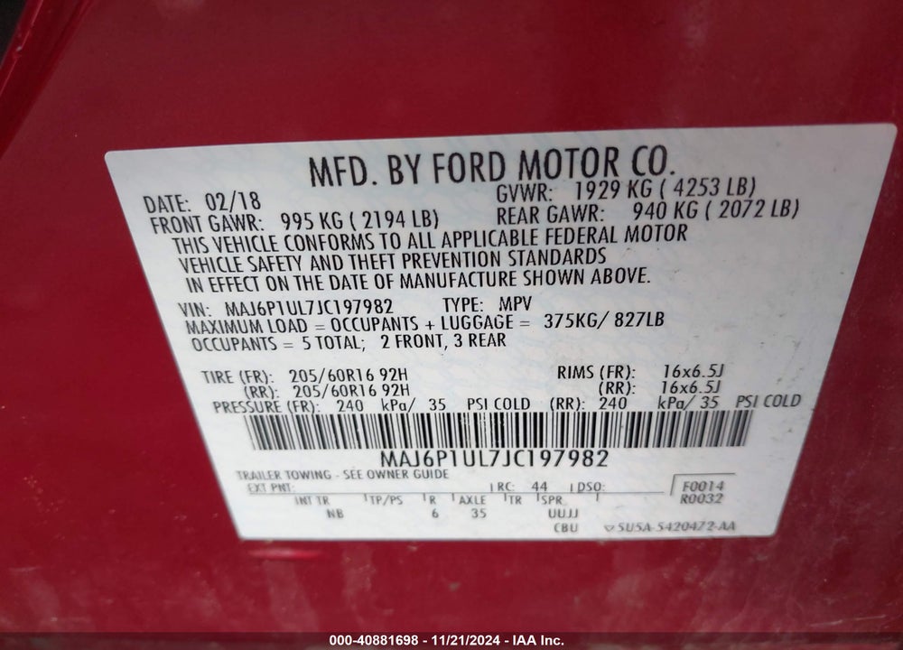 2018 FORD ECOSPORT SE VIN: MAJ6P1UL7JC197982