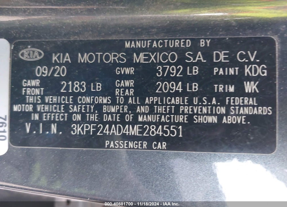 2021 KIA FORTE LXS VIN: 3KPF24AD4ME284551