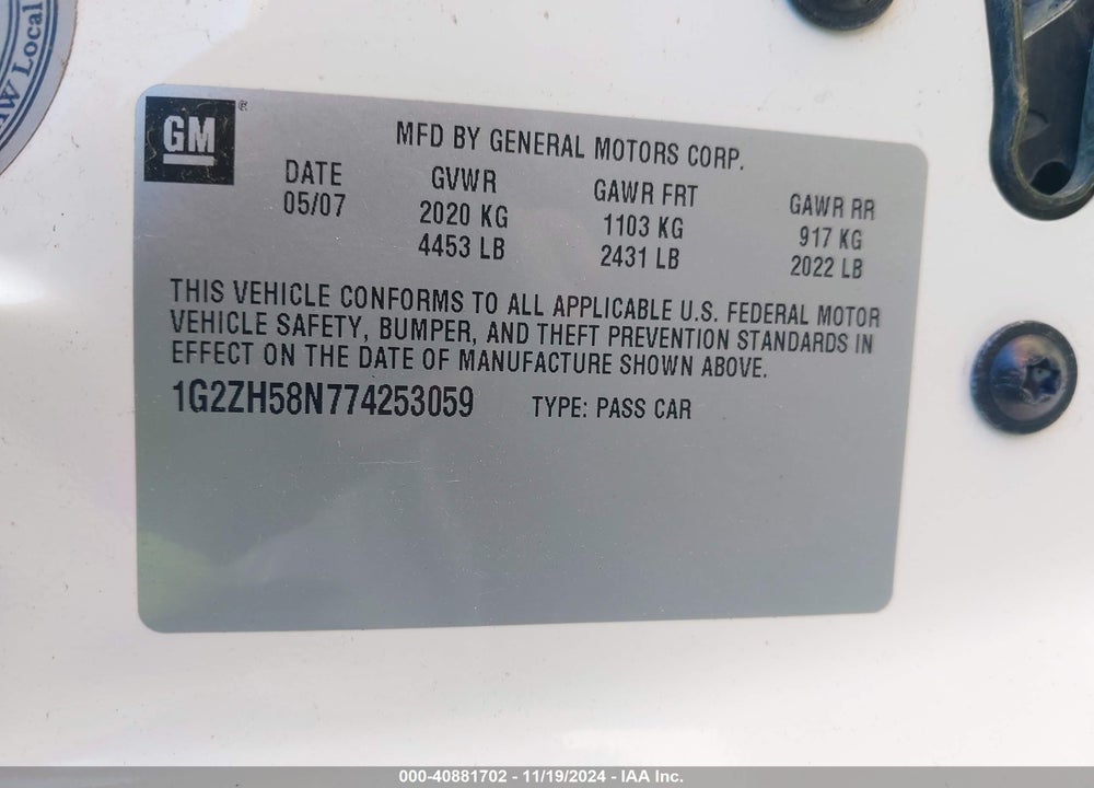 2007 PONTIAC G6 GT VIN: 1G2ZH58N774253059