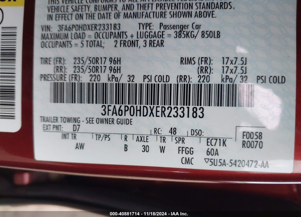 2014 FORD FUSION SE VIN: 3FA6P0HDXER233183