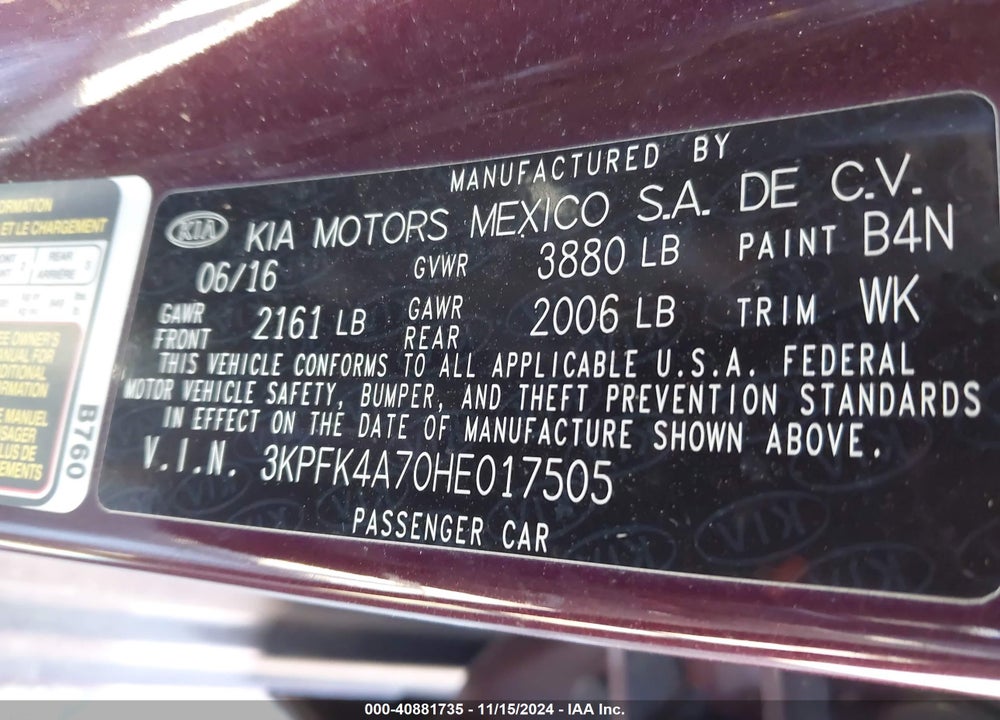 2017 KIA FORTE LX VIN: 3KPFK4A70HE017505