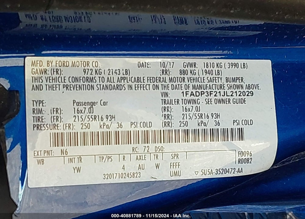 2018 FORD FOCUS VIN: 1FADP3F21JL212029