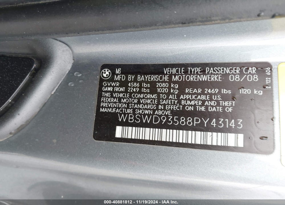 2008 BMW M3 VIN: WBSWD93588PY43143