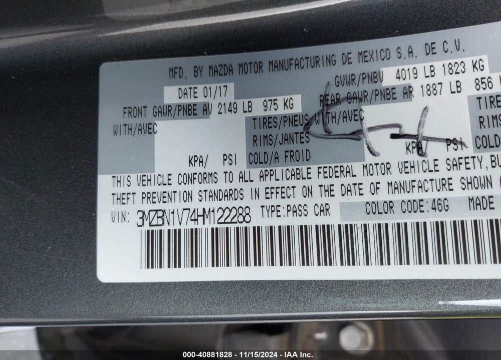 2017 MAZDA 3 TOURING VIN: 3MZBN1V74HM122288