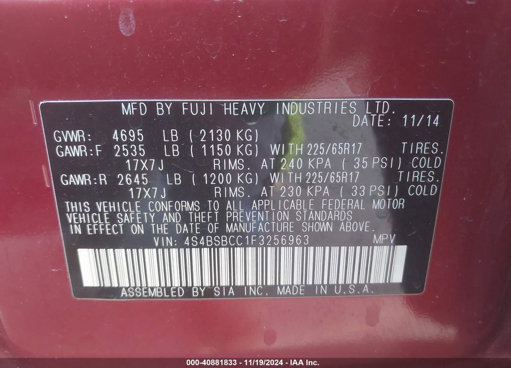 2015 SUBARU OUTBACK 2.5I PREMIUM VIN: 4S4BSBCC1F3256963
