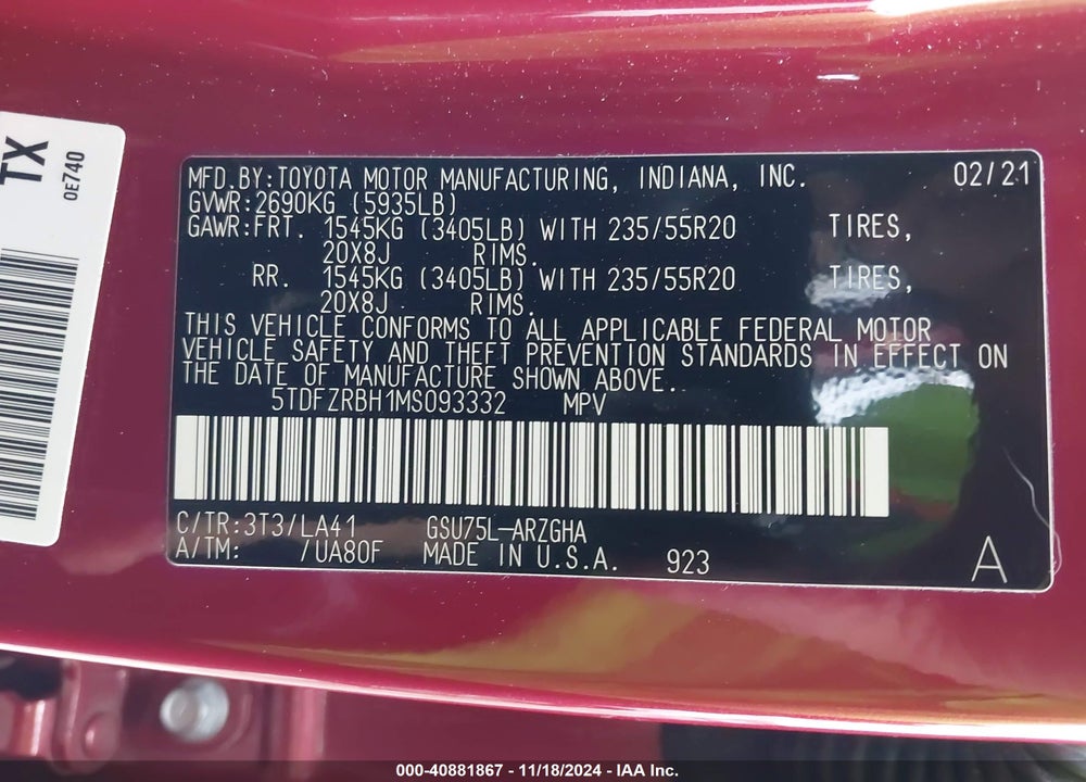 2021 TOYOTA HIGHLANDER PLATINUM VIN: 5TDFZRBH1MS093332