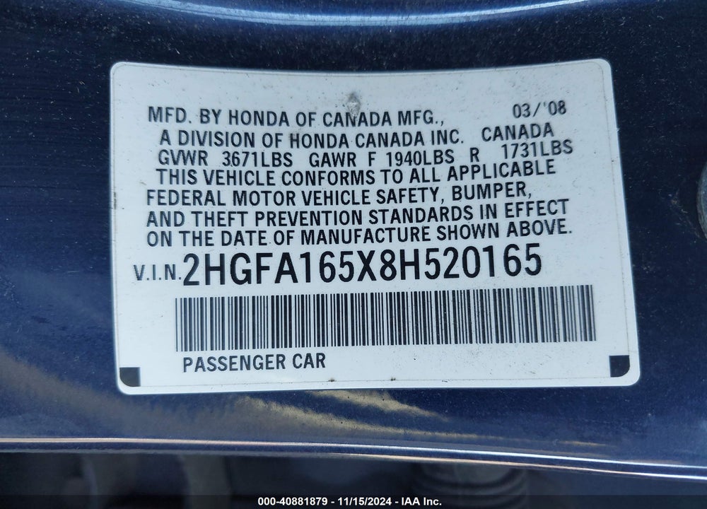 2008 HONDA CIVIC LX VIN: 2HGFA165X8H520165