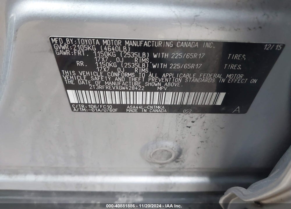 2016 TOYOTA RAV4 XLE VIN: 2T3RFREVXGW428422
