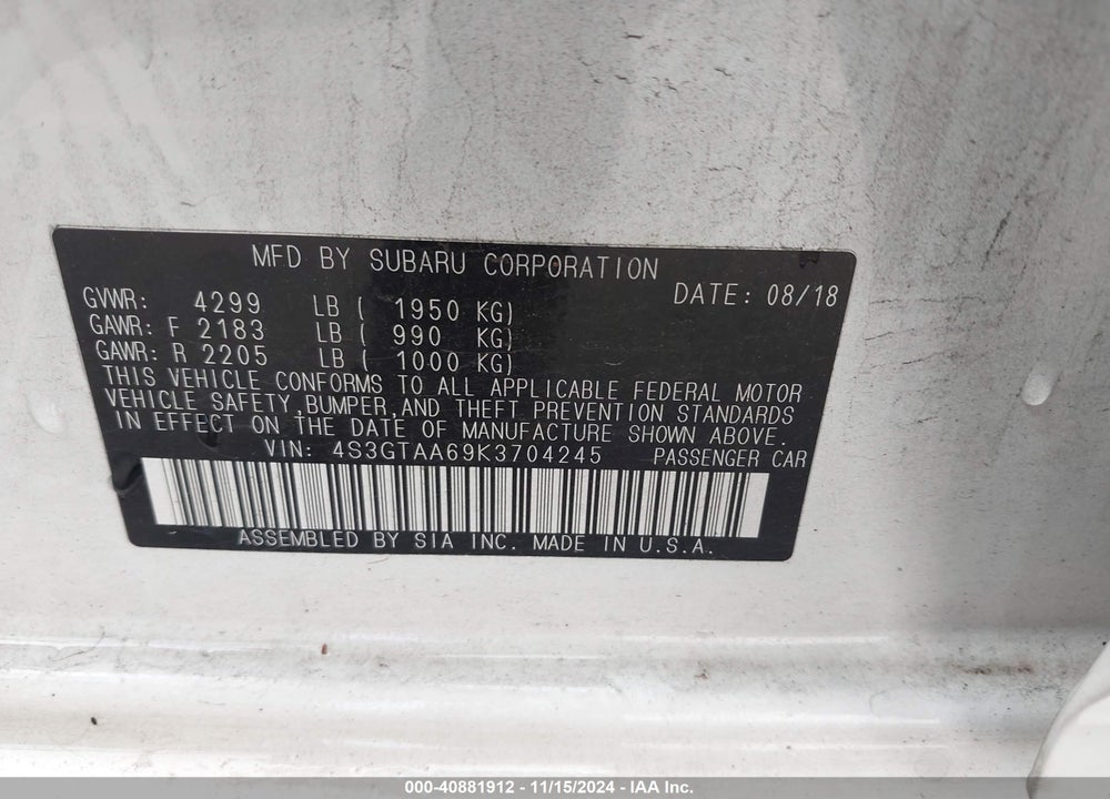 2019 SUBARU IMPREZA VIN: 4S3GTAA69K3704245