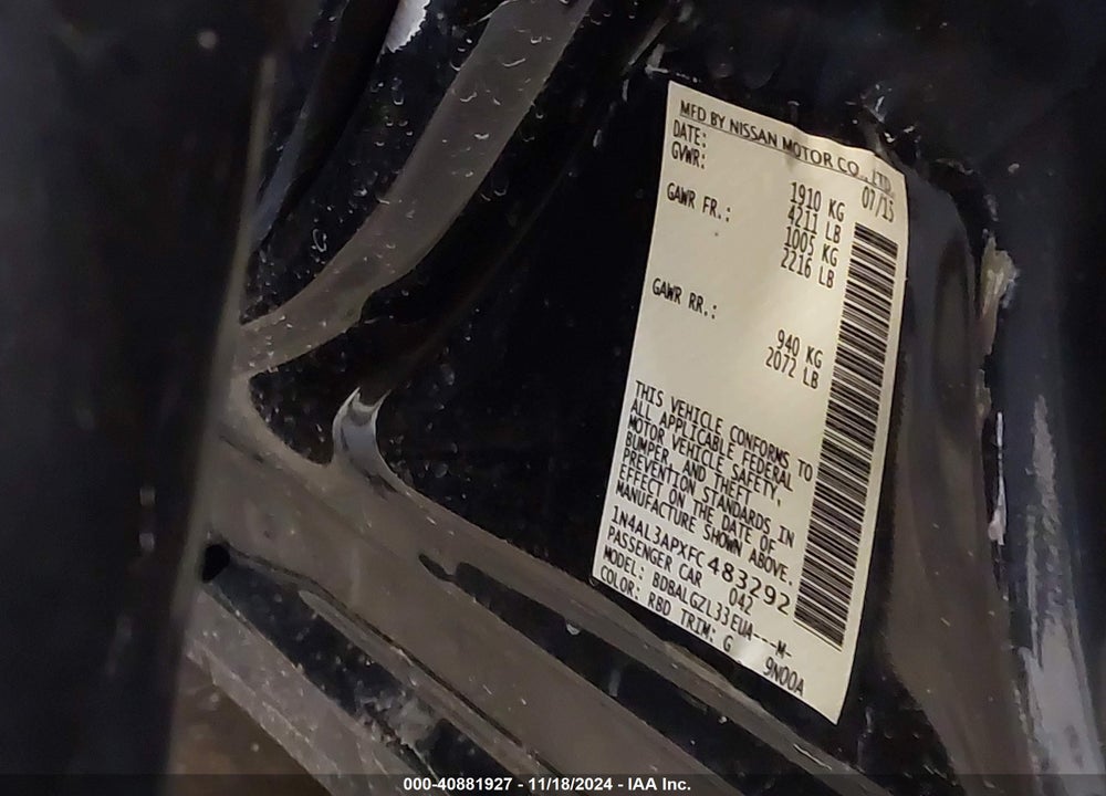 2015 NISSAN ALTIMA 2.5 S VIN: 1N4AL3APXFC483292